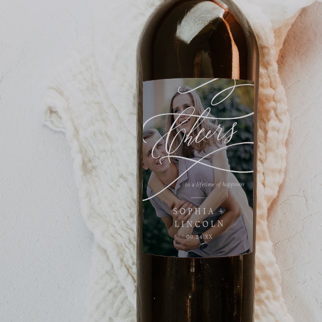 Romantic Calligraphy Dark Photo Overlay Wedding Wine Label (Creator Uploaded)