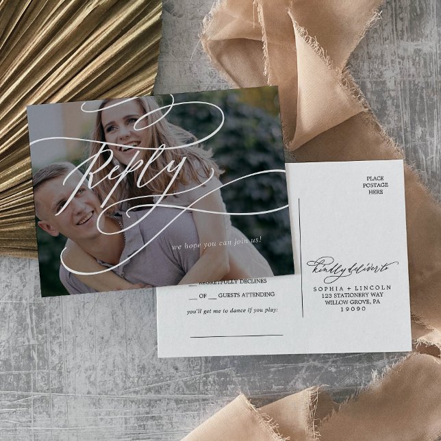 Romantic Calligraphy Dark Photo Song Request RSVP Invitation Postcard (Creator Uploaded)