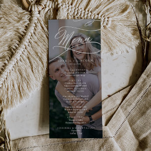 Romantic Calligraphy Dark Photo Wedding Dinner Menu