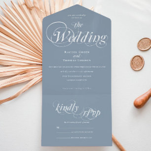 Romantic Calligraphy Dusty Blue Wedding All In One Invitation