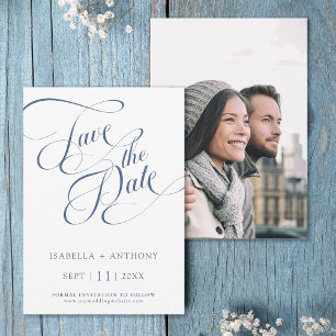 Romantic Calligraphy Dusty Blue Wedding Photo Save The Date