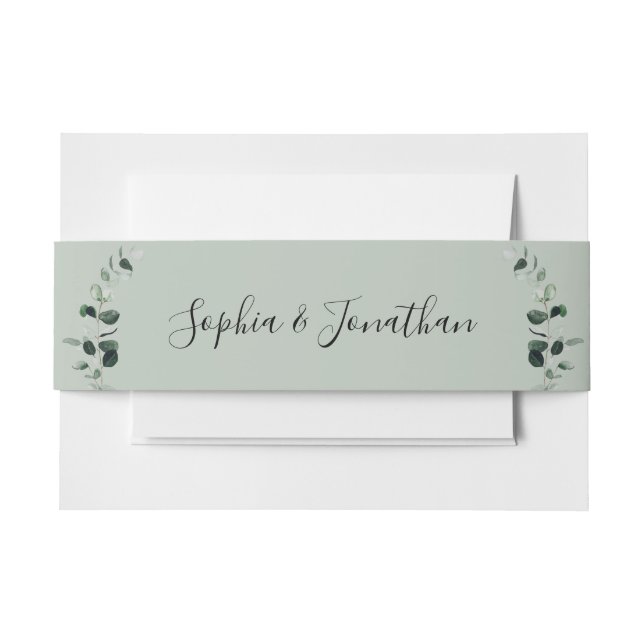 Romantic Calligraphy Eucalyptus Sage Wedding Invitation Belly Band (Front Example)