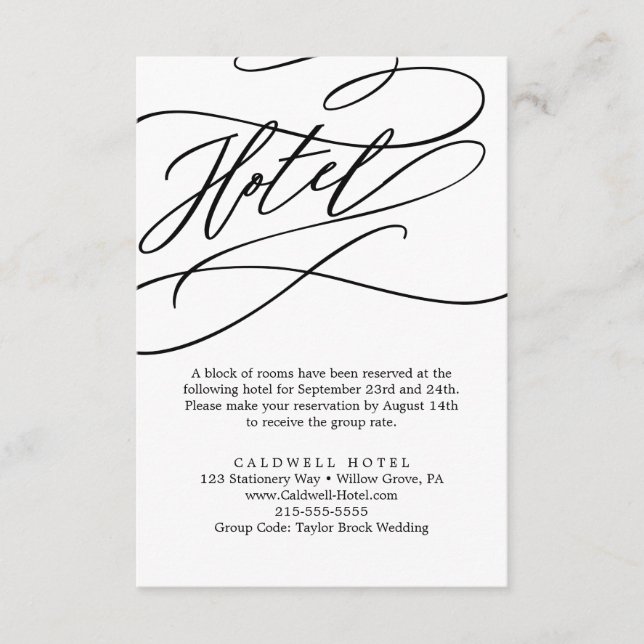 Romantic Calligraphy Flourish Hotel Enclosure Card (Front)