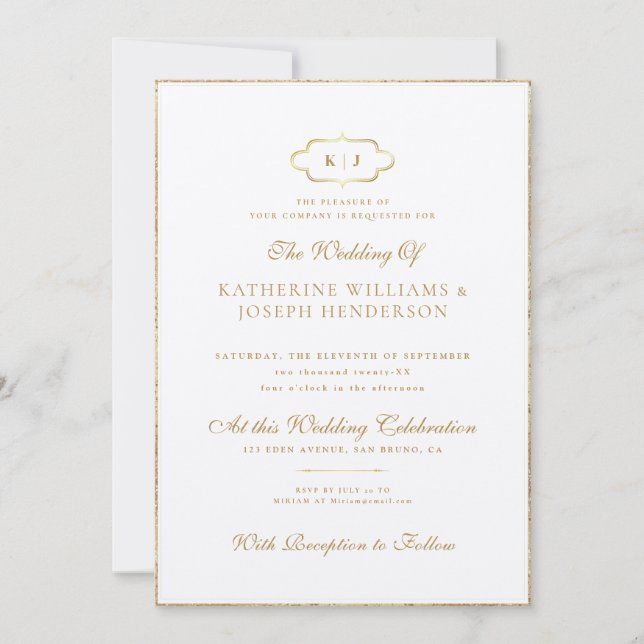 ROMANTIC CALLIGRAPHY GOLD CLASSIC MONOGRAM WEDDING INVITATION (Front)