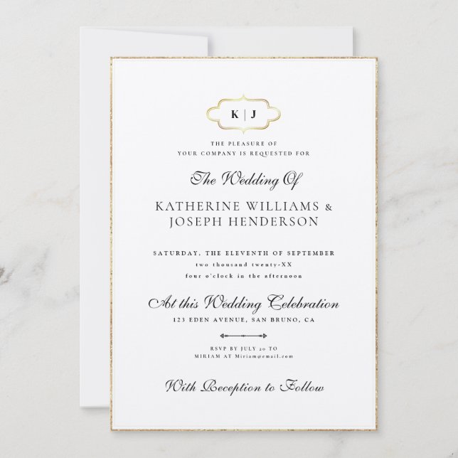 ROMANTIC CALLIGRAPHY GOLD CLASSIC MONOGRAM WEDDING INVITATION (Front)