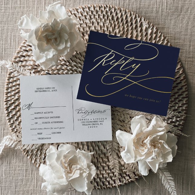 Romantic Calligraphy Gold Foil Navy Blue Meal RSVP Foil Invitation Postcard (Creator Uploaded)