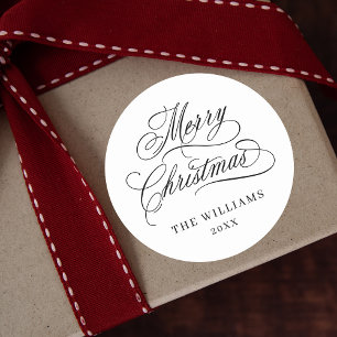 Romantic Calligraphy Merry Christmas Black & White Classic Round Sticker