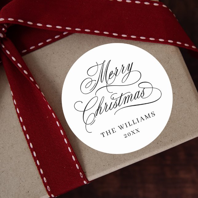 Romantic Calligraphy Merry Christmas Black & White Classic Round Sticker (Creator Uploaded)