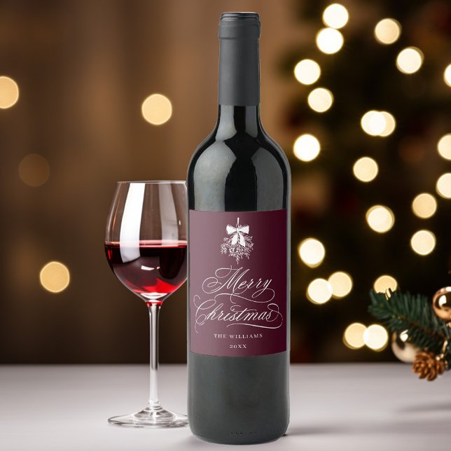 Romantic Calligraphy Merry Christmas Burgundy Wine Label (Creator Uploaded)