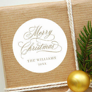 Romantic Calligraphy Merry Christmas Gold & White Classic Round Sticker