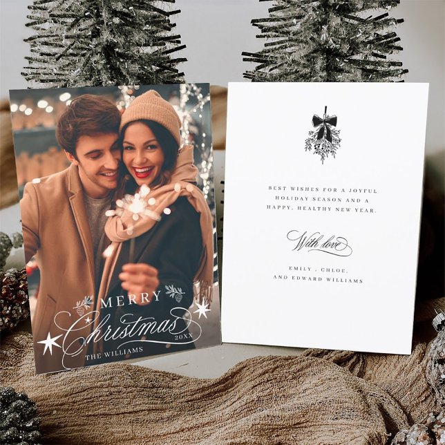 Romantic Calligraphy Merry Christmas Photo Flat Holiday Card (Front & Back)