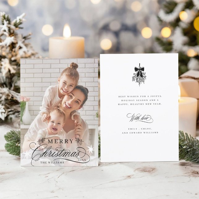 Romantic Calligraphy Merry Christmas Photo Flat Holiday Card (Front & Back)