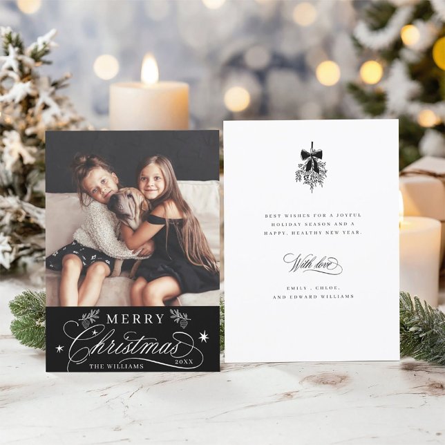 Romantic Calligraphy Merry Christmas Photo Flat Holiday Card (Front & Back)