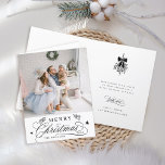 Romantic Calligraphy Merry Christmas Photo Folded Holiday Card<br><div class="desc">EDITABLE BACKGOUND, IMAGE, AND TEXT COLOR | This Christmas photo folded card features elegant and romantic swirly calligraphy lettering, accented with pinecone twigs and stars. It also includes a winter berry holly bouquet and a customisable text message inside. For more advanced customisation of this design, please click the BLUE DESIGN...</div>