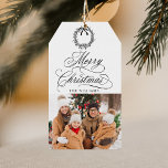 Romantic Calligraphy Merry Christmas Photo Gift Tags<br><div class="desc">This Christmas gift tag features elegant and romantic swirly calligraphy lettering with a photo,  and a simple Christmas tree pattern on the back. For more advanced customisation of this design,  please click the BLUE DESIGN TOOL BUTTON above!</div>
