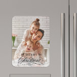 Romantic Calligraphy Merry Christmas Photo Magnet<br><div class="desc">Romantic and elegant holiday photo kitchen magnet.  For more advanced customisation of this design,  please click the Customise Further link to change the font,  size,  colour,   etc.</div>