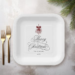 Romantic Calligraphy Merry Christmas Red & Black Paper Plate<br><div class="desc">This Christmas paper plate features elegant and romantic swirly calligraphy lettering,  accented with a winter berry holly bouquet . For more advanced customisation of this design,  please click the BLUE DESIGN TOOL BUTTON. Matching items are also available.</div>