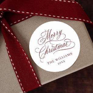 Romantic Calligraphy Merry Christmas Red & White Classic Round Sticker