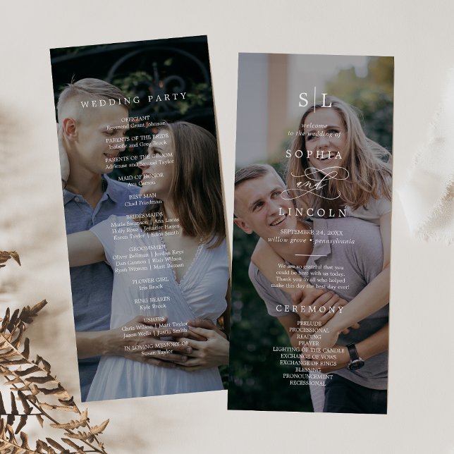 Romantic Calligraphy Monogram Dark Photo Wedding Programme (Creator Uploaded)