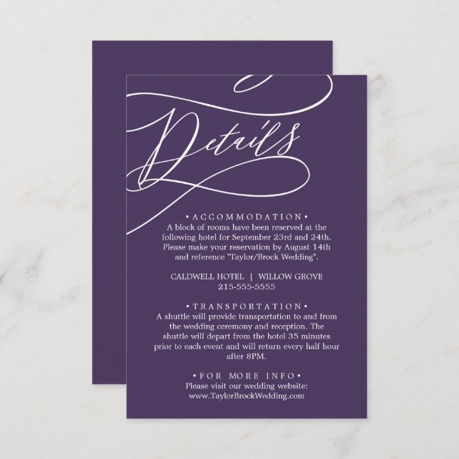 Romantic Calligraphy Plum Purple Details Enclosure Card (Front/Back)
