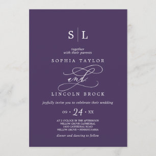 Romantic Calligraphy   Purple Monogram Wedding Invitation