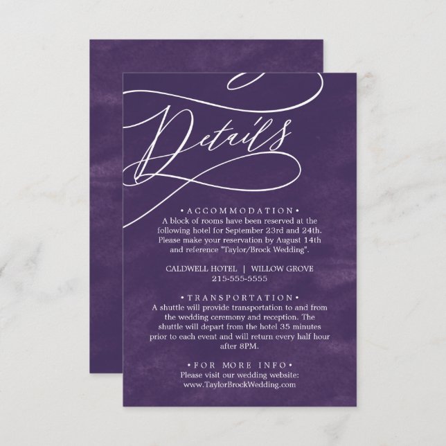 Romantic Calligraphy Purple Watercolor Details Enclosure Card (Front/Back)