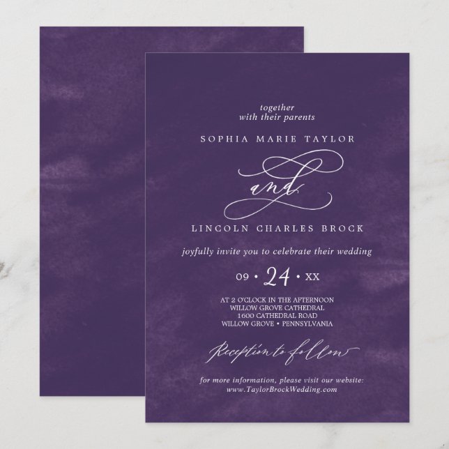 Romantic Calligraphy | Purple Watercolor Wedding Invitation (Front/Back)