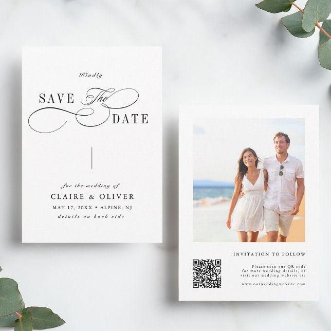 Romantic Calligraphy QR Code Photo Save The Date (Front & Back)