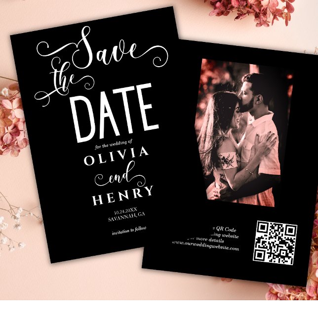 Romantic Calligraphy Script Black Photo QR Code  Save The Date (Creator Uploaded)