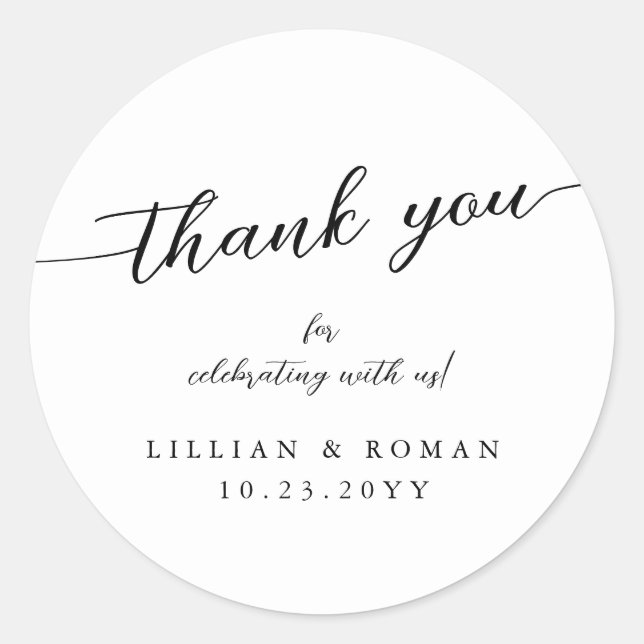 Romantic Calligraphy Script Black & White Wedding Classic Round Sticker (Front)