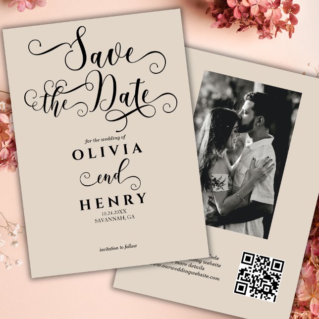 Romantic Calligraphy Script Photo QR Code  Save The Date (Creator Uploaded)