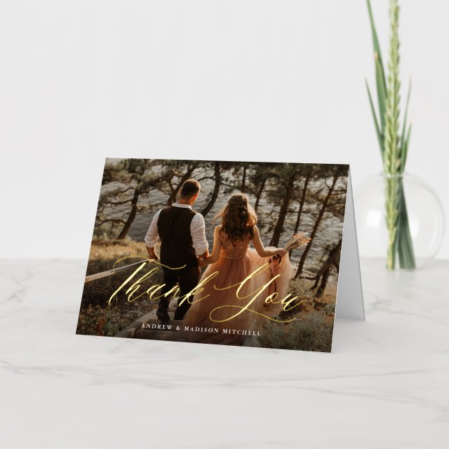 Romantic Calligraphy Script Photo Thank You Foil Greeting Card (Front)