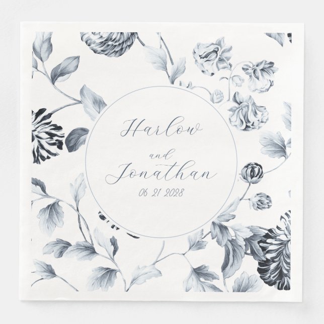 Romantic Calligraphy Silver & White Floral Wedding Napkin (Front)