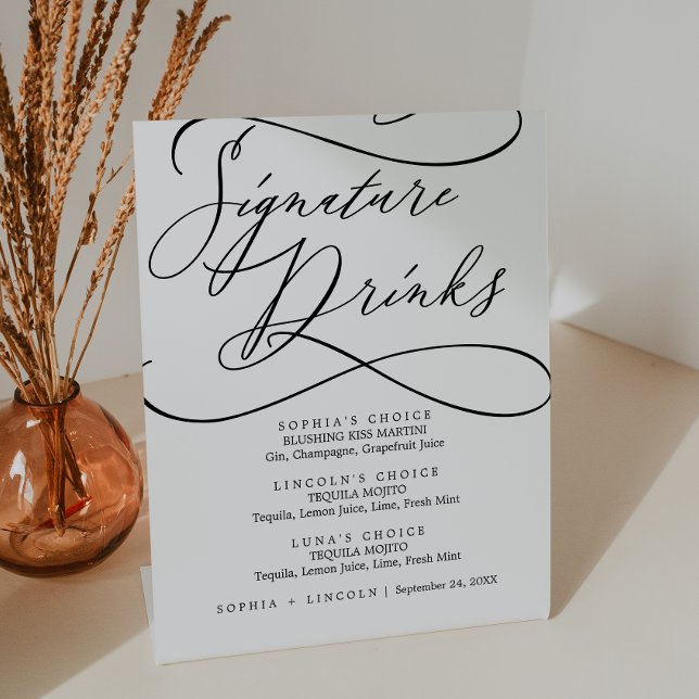 Romantic Calligraphy Wedding Bar Signature Drinks Pedestal Sign (Creator Uploaded)