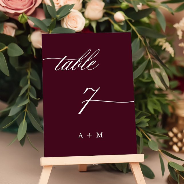 Romantic Calligraphy Wedding Number 7, Burgundy  Table Number (Creator Uploaded)