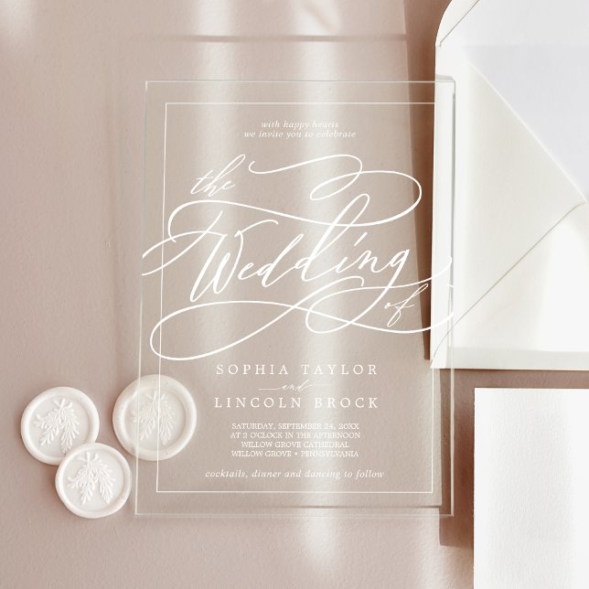 Romantic Calligraphy White Simple Elegant Wedding Acrylic Invitations (Romantic Calligraphy White Simple Elegant Wedding Acrylic Invitations)