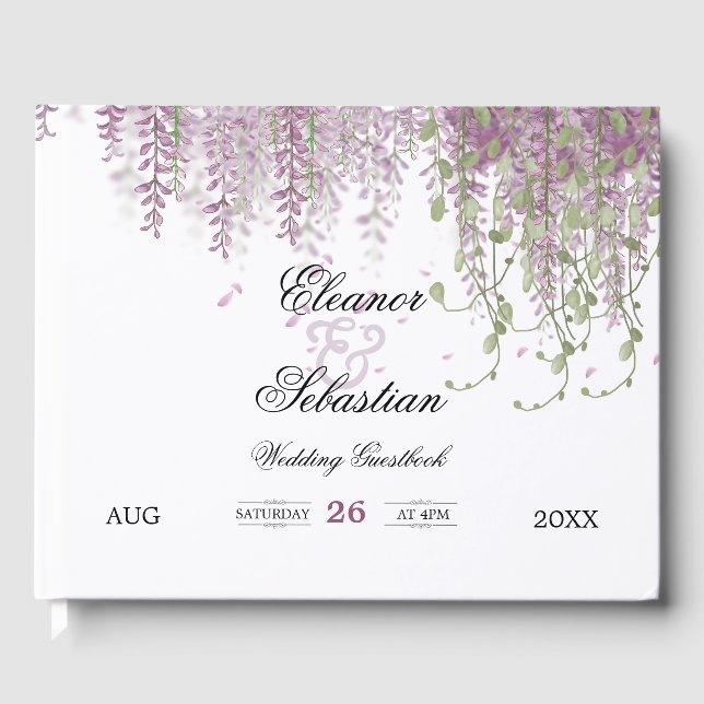 Romantic Calligraphy Wisteria Purple Wedding Guest Book (Front)