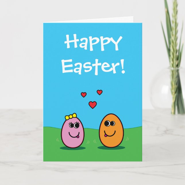Romantic Cartoon Easter Egg Couple Partner Holiday Card (Front)