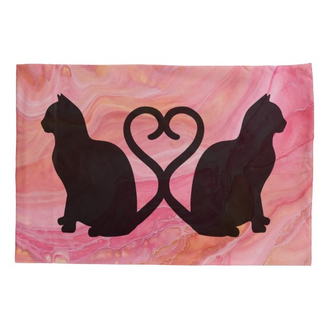 Romantic Cat Couple Silhouette on Pink Pillowcase (Back)