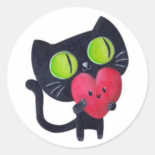 Romantic Cat hugging Red Cute Heart Classic Round Sticker