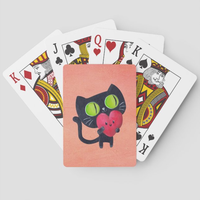 Romantic Cat hugging Red Cute Heart Playing Cards (Back)