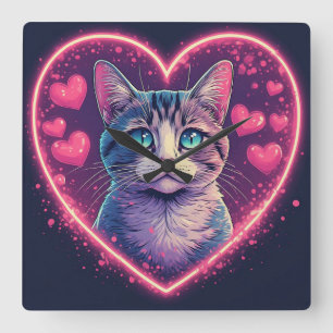 Romantic Cat Lover Gift Aesthetic Neon Animal Square Wall Clock