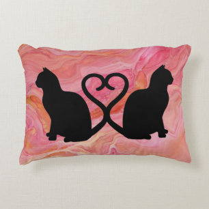 Romantic Cat Silhouette Heart with Pink Marble Decorative Cushion