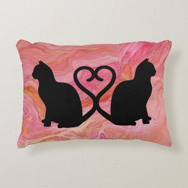 Romantic Cat Silhouette Heart with Pink Marble Decorative Cushion (Front)