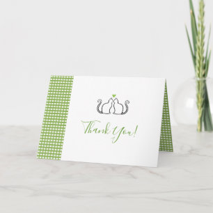 Romantic Cats In Love Green Heart Gingham Wedding Thank You Card