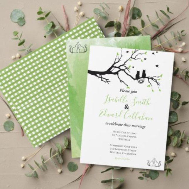 Romantic Cats In Love Green Watercolor Wedding Invitation (Creator Uploaded)