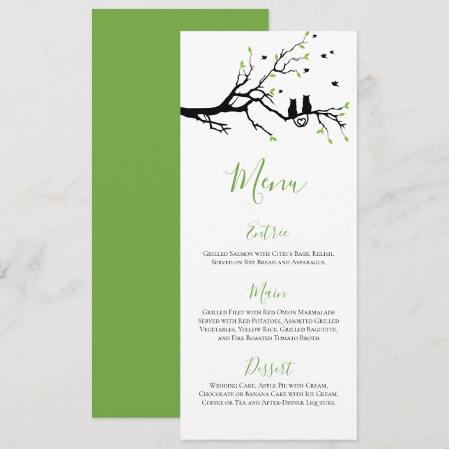 Romantic Cats In Love Green & White Reception Menu (Front/Back)