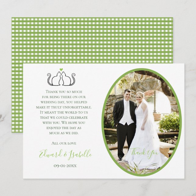 Romantic Cats In Love Wedding Couple Photo Green T Thank You Card (Front/Back)