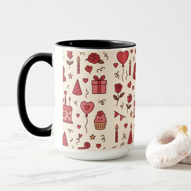 Romantic Celebration Doodle Pattern Mug (With Donut)