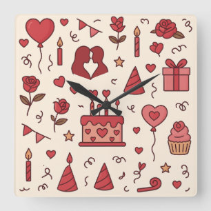 Romantic Celebration Doodle Pattern Square Wall Clock